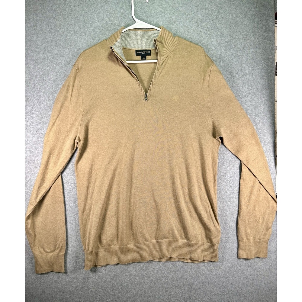 Banana Republic Sweater Mens M Beige 1/4 Zip Mock Neck Cotton Knit Pullover